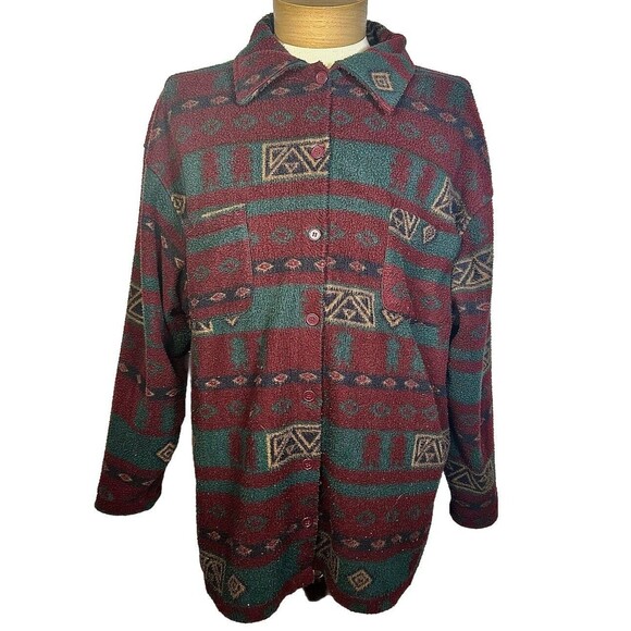 Vintage 90’s Aztec Print Fleece Button Up Shirt Jacket (fits Men’s XL) - Picture 1 of 3